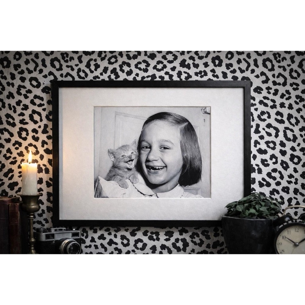B&W Girl Kitten Psycho Cat No Teeth Photo Framed Creepy Cute Odd Decor 17x13 Vtg